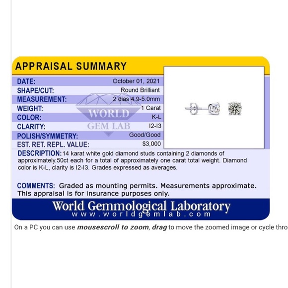 $3000 1 Carat natural Diamond Stud Earrings 14 Karat White Gold 1/2 carat each - Picture 6 of 14